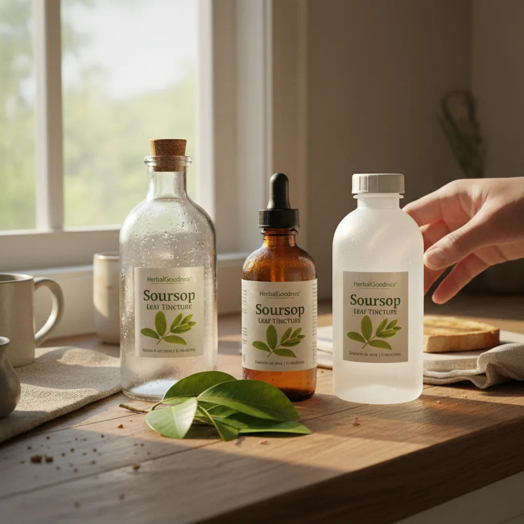 Three tincture bottles in sunlit kitchen