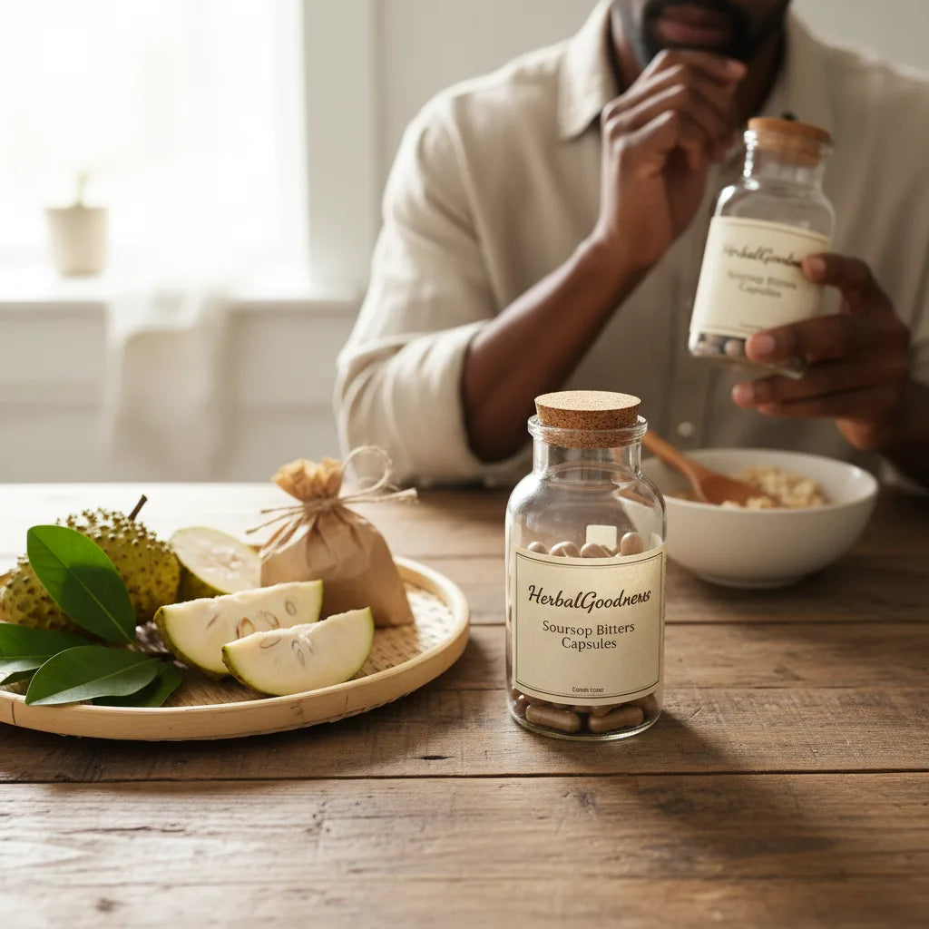 Person examines HerbalGoodness soursop capsules jar