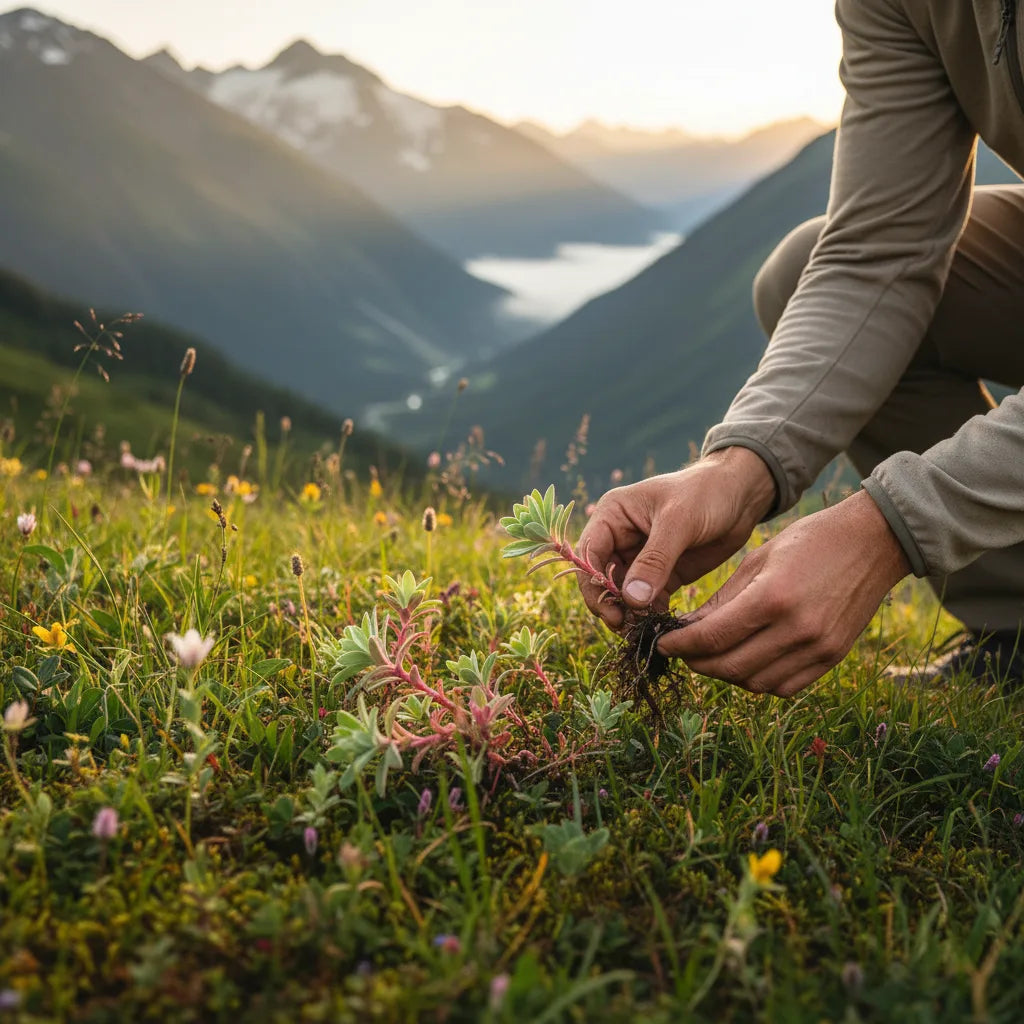 Forager examining wild rhodiola in mountains