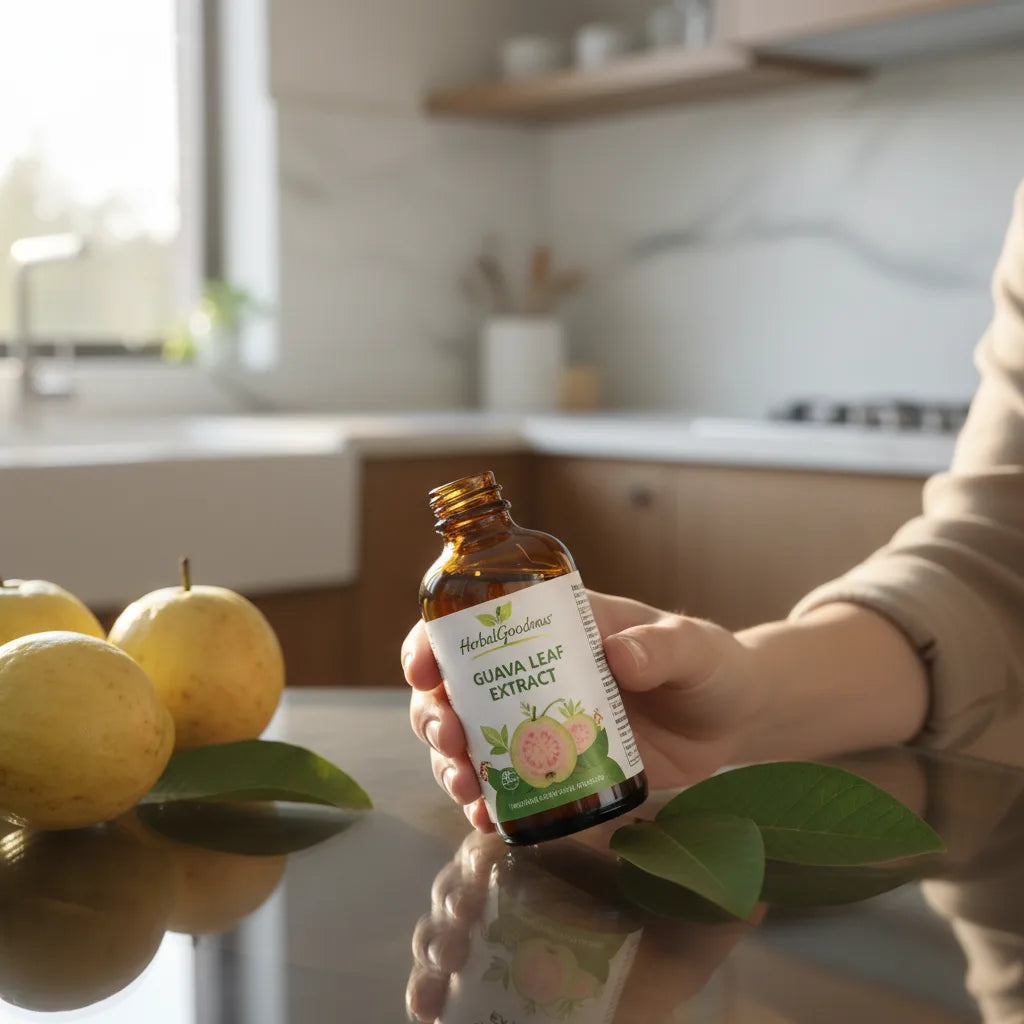 Reading guava leaf extract label at home