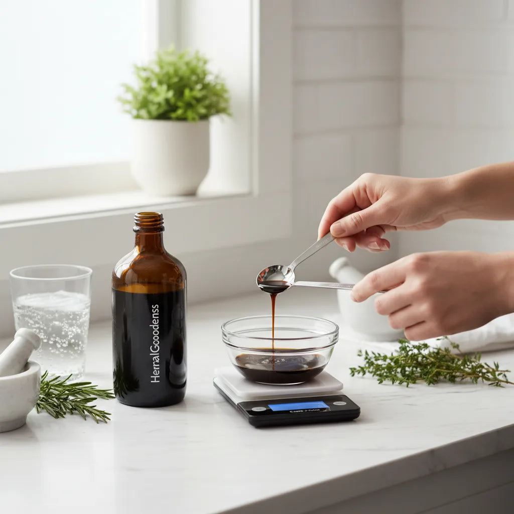 Pouring black seed oil into teaspoon bowl