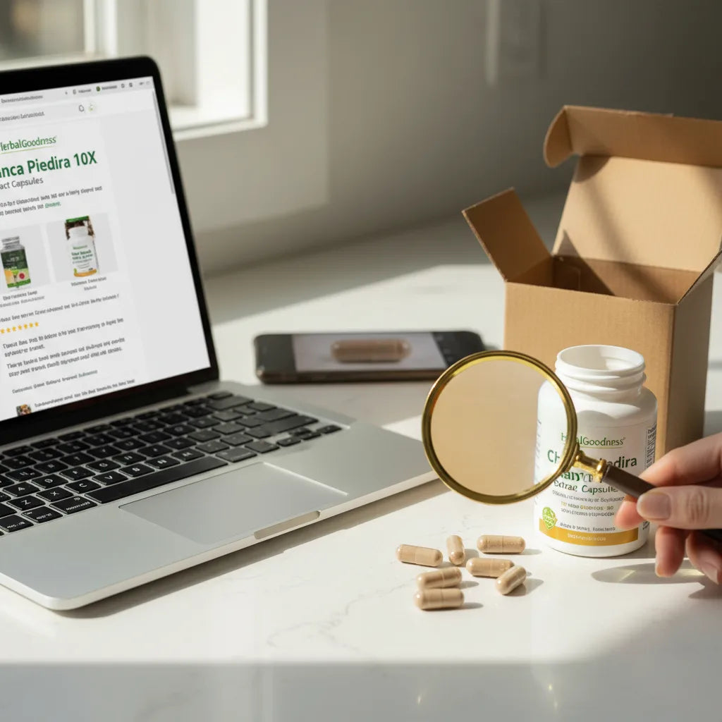 Examining Chanca Piedra extract on laptop