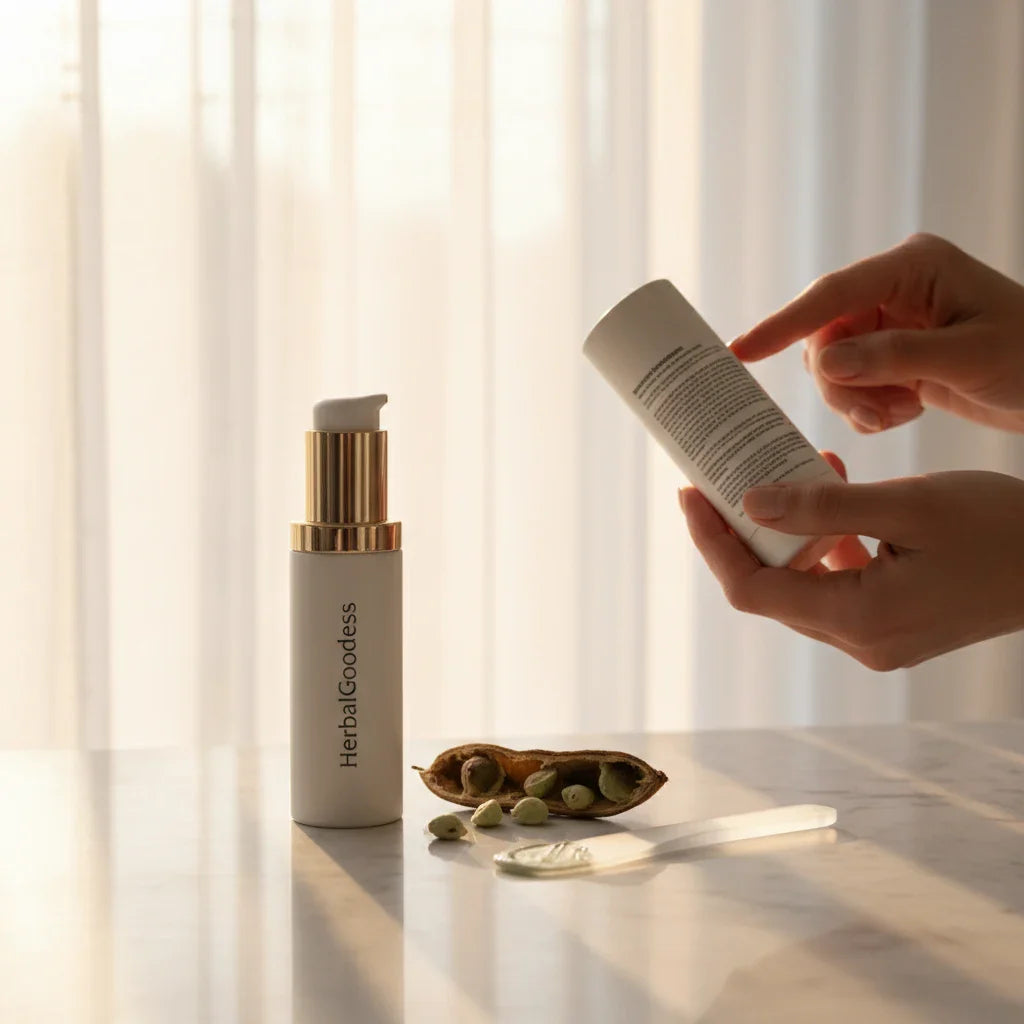 Moringa skincare product and label inspection