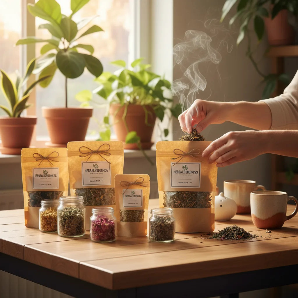 Unpacking fresh herbal teas in sunlight