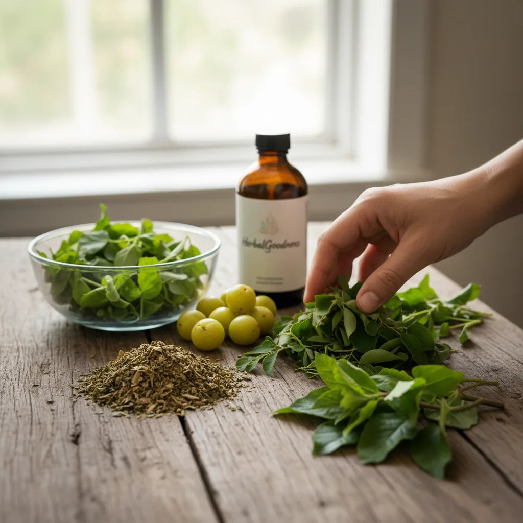 Inspecting fresh herbs for purity and quality.