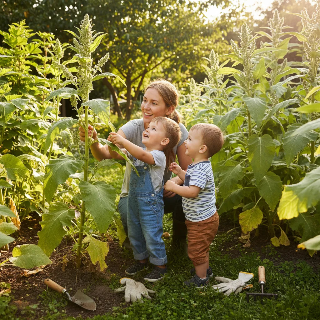 Children exploring mullein plants in sunlight