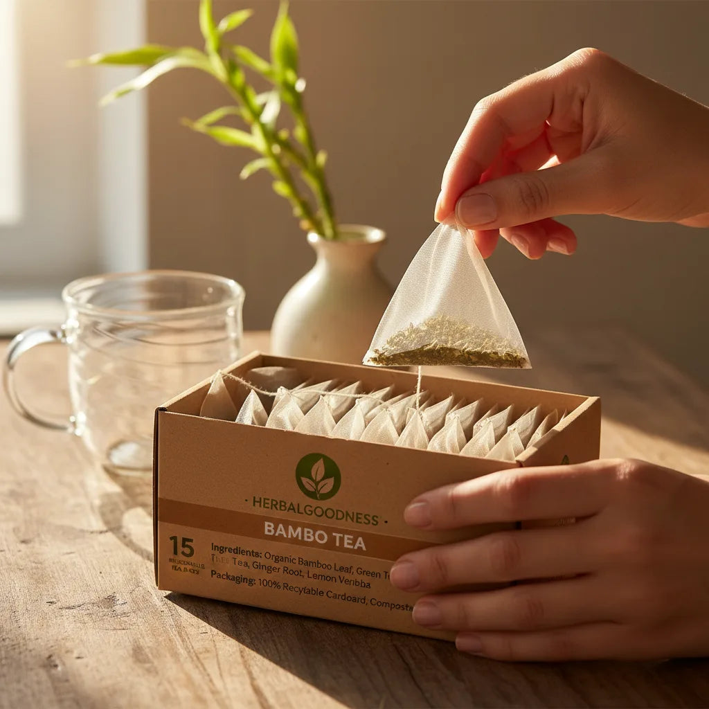 Hands inspecting bamboo tea bags package
