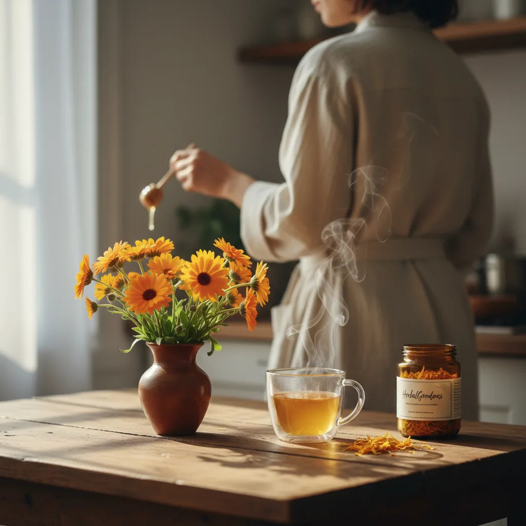 Preparing calendula tea in sunlit kitchen