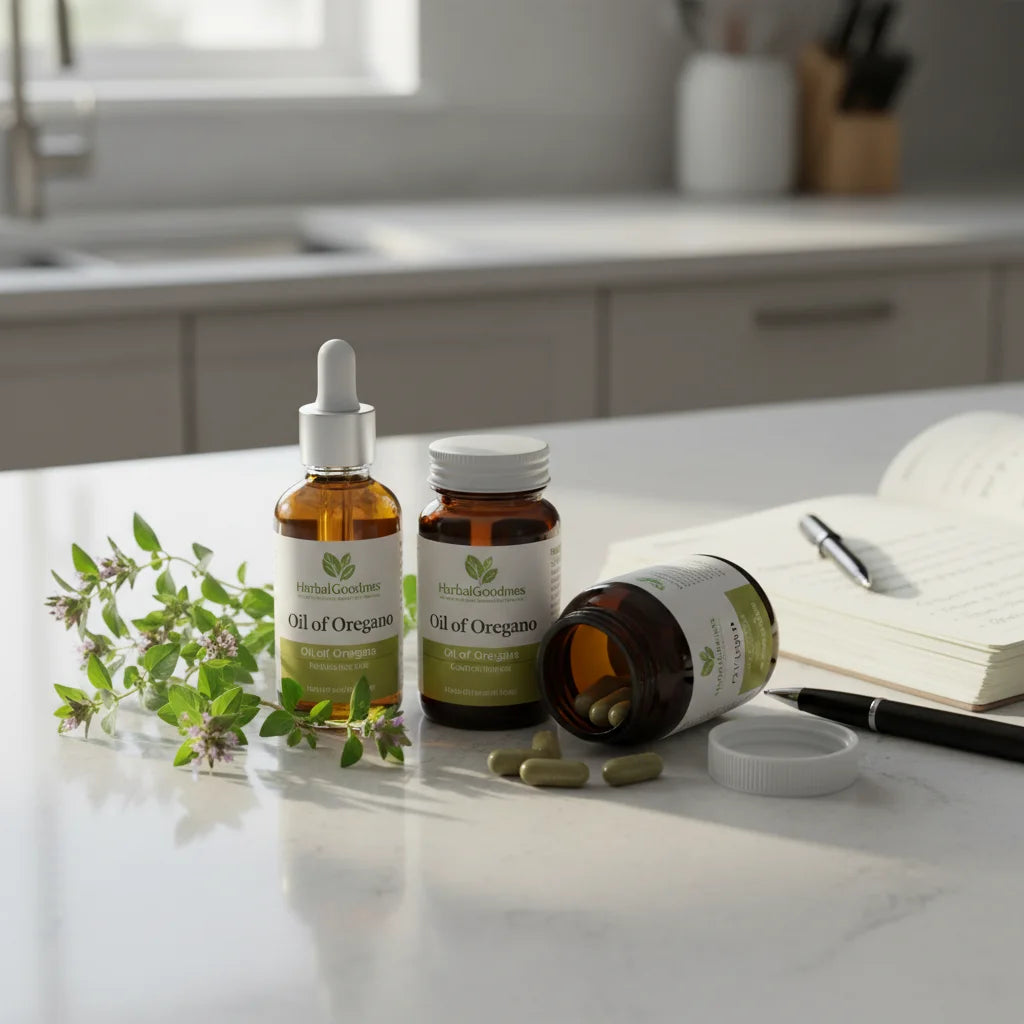 Oregano oil drops and capsules compared naturally