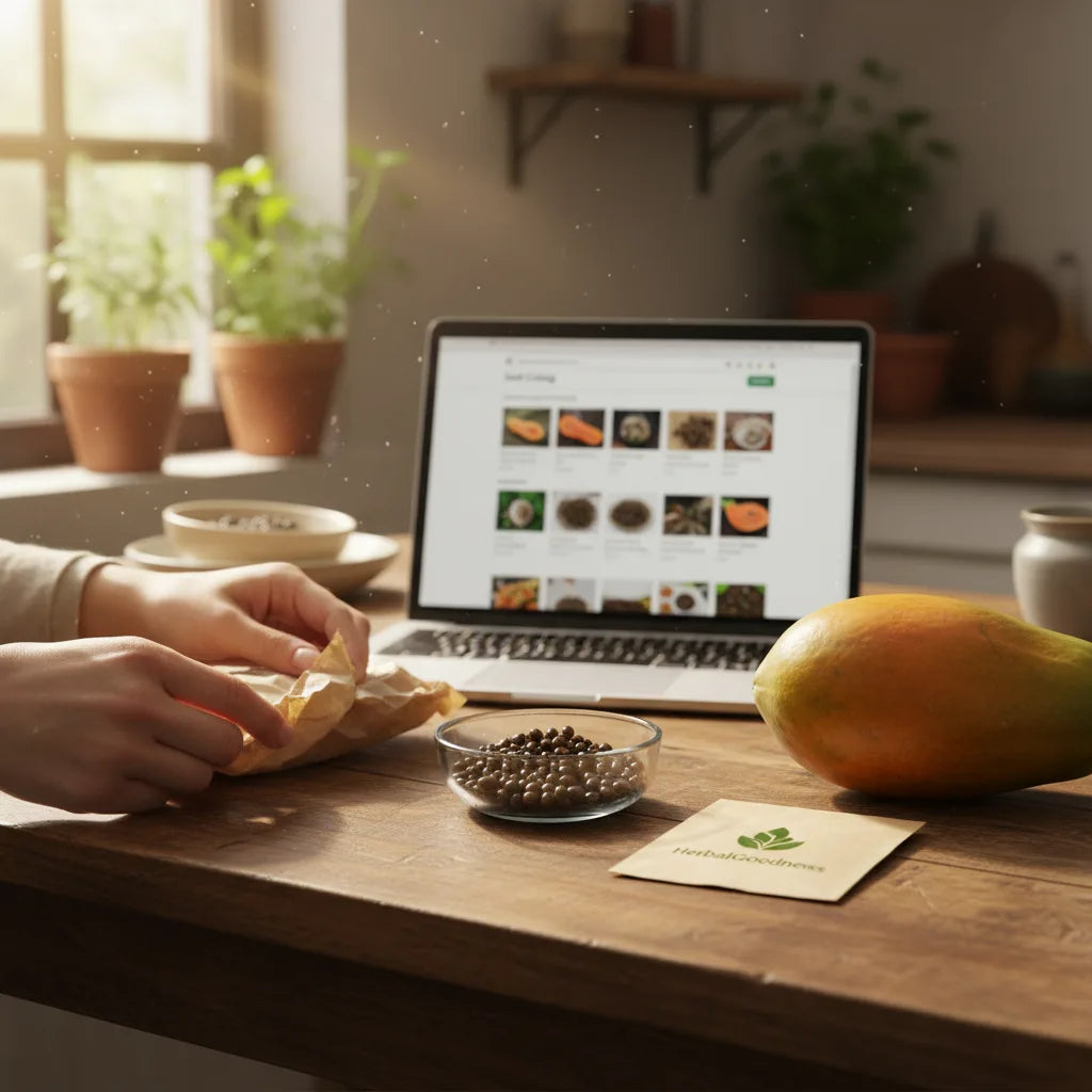 Unboxing papaya seeds on kitchen table