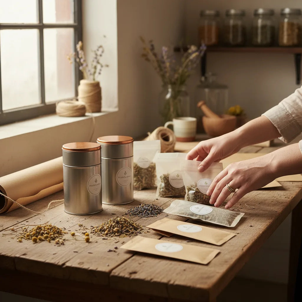 Hands comparing sustainable herbal tea packaging options