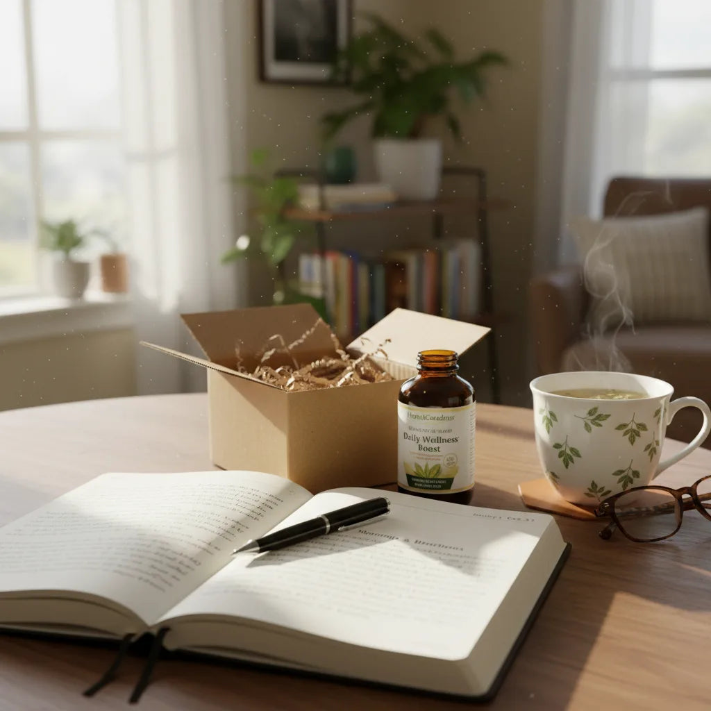 Supplement journal, package, and tea on desk