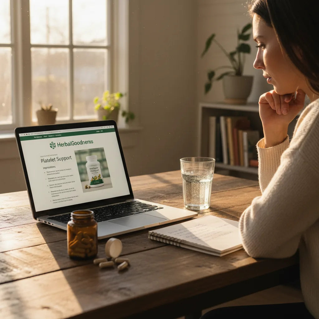 Person researching supplement details at home.