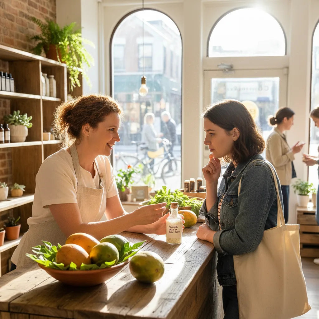 Customer and staff discuss papaya extract bottle