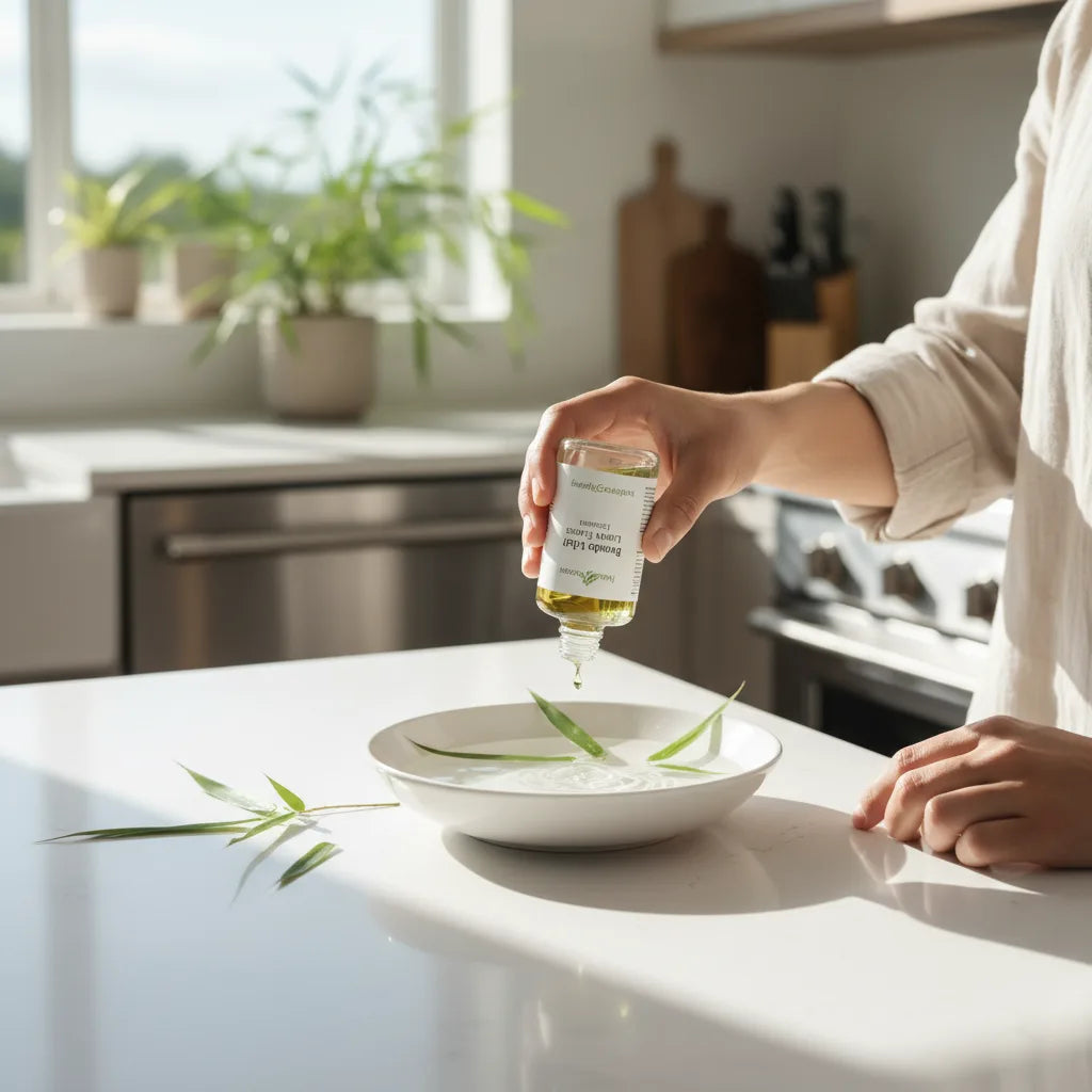 Pouring bamboo extract in bright natural kitchen