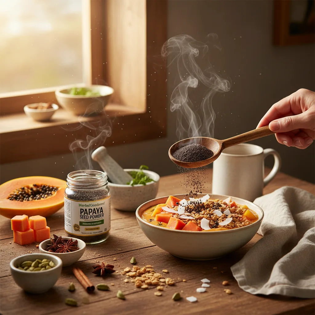 Sprinkling papaya seed powder on warm meal