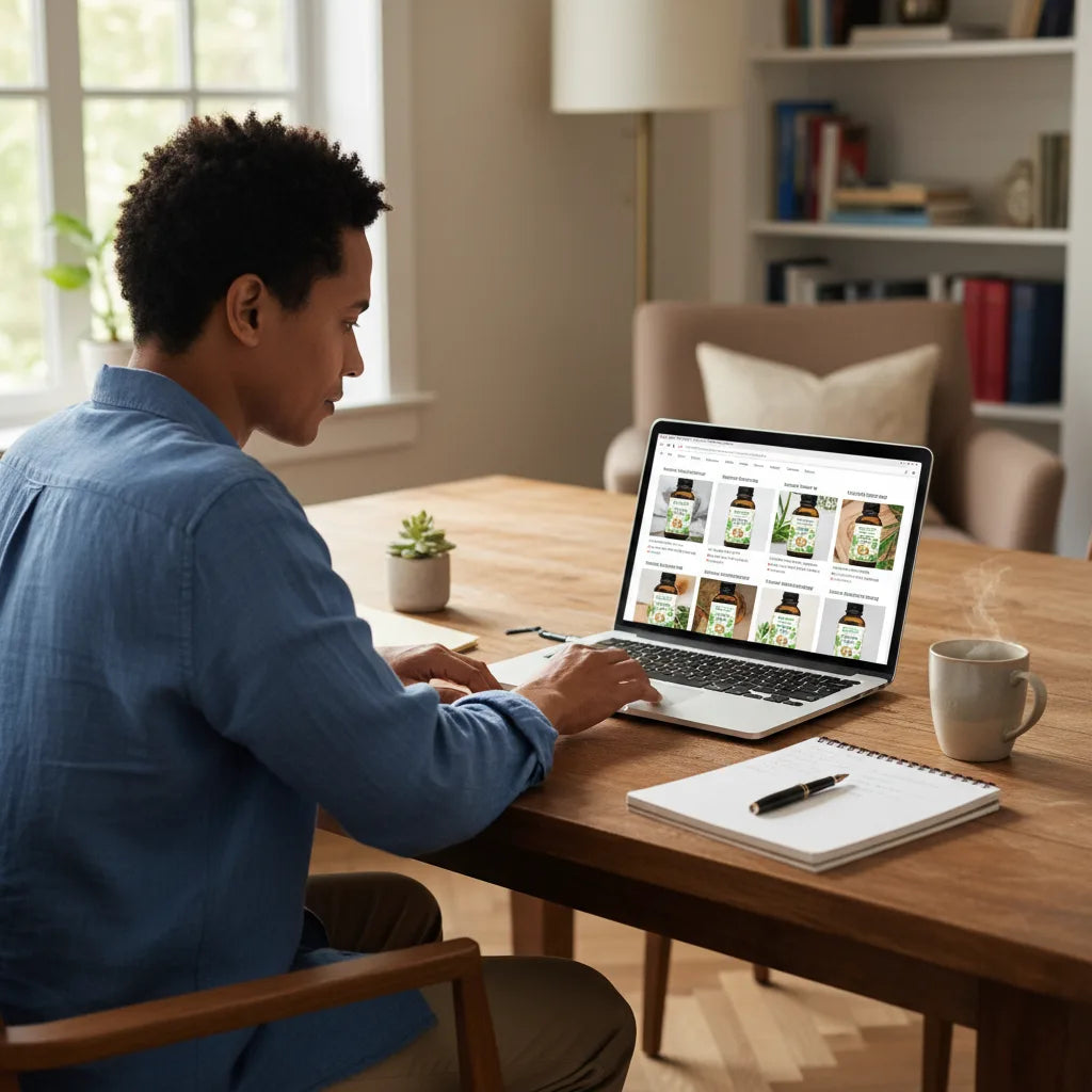 Person reviewing soursop bitters listings online