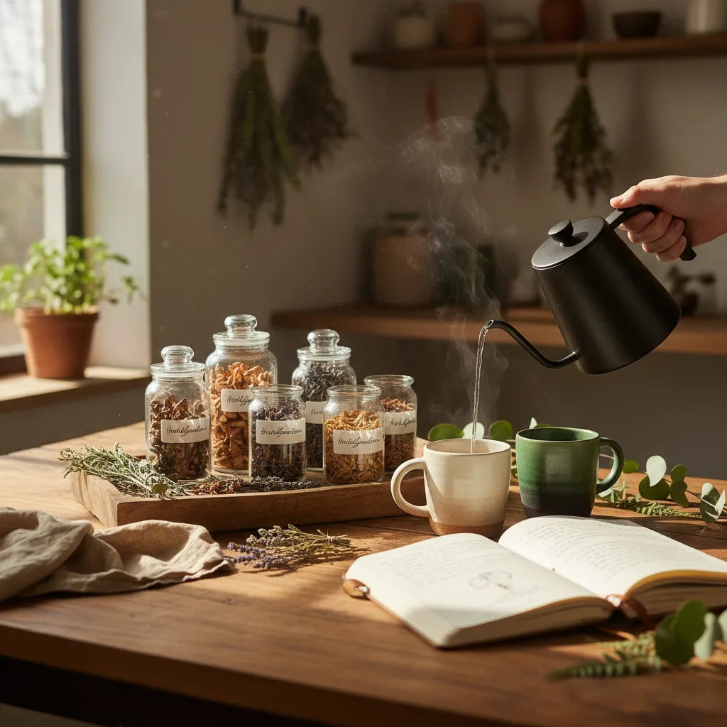 Mushroom blends and tea brewing on table