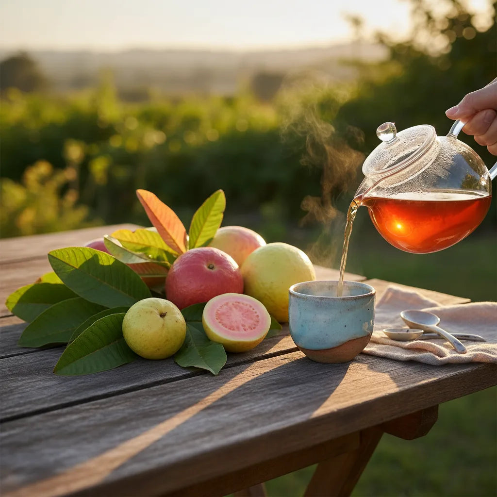 Guava leaves and tea being served outdoors