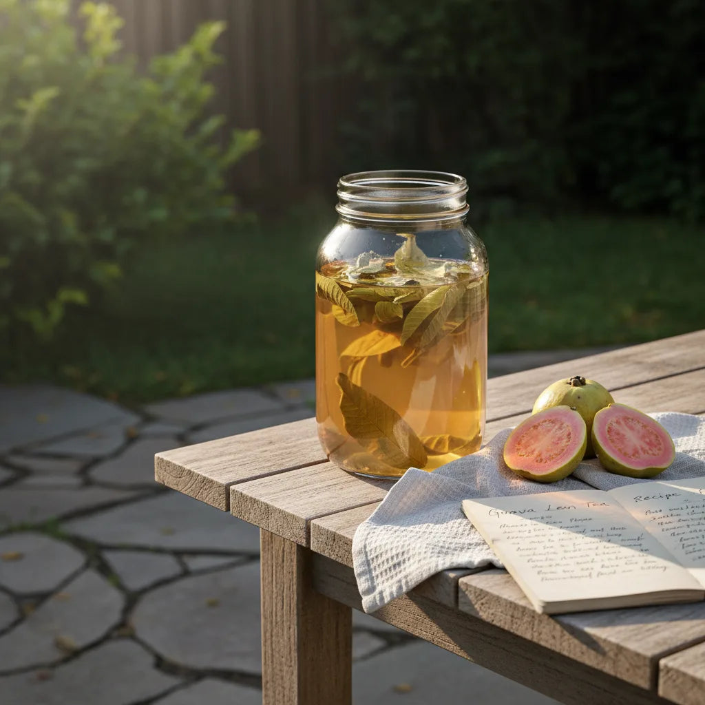 Sun tea guava leaves brewing outdoors