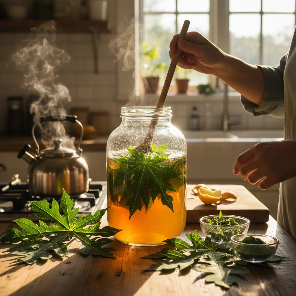 Stirring papaya leaf shrub in kitchen