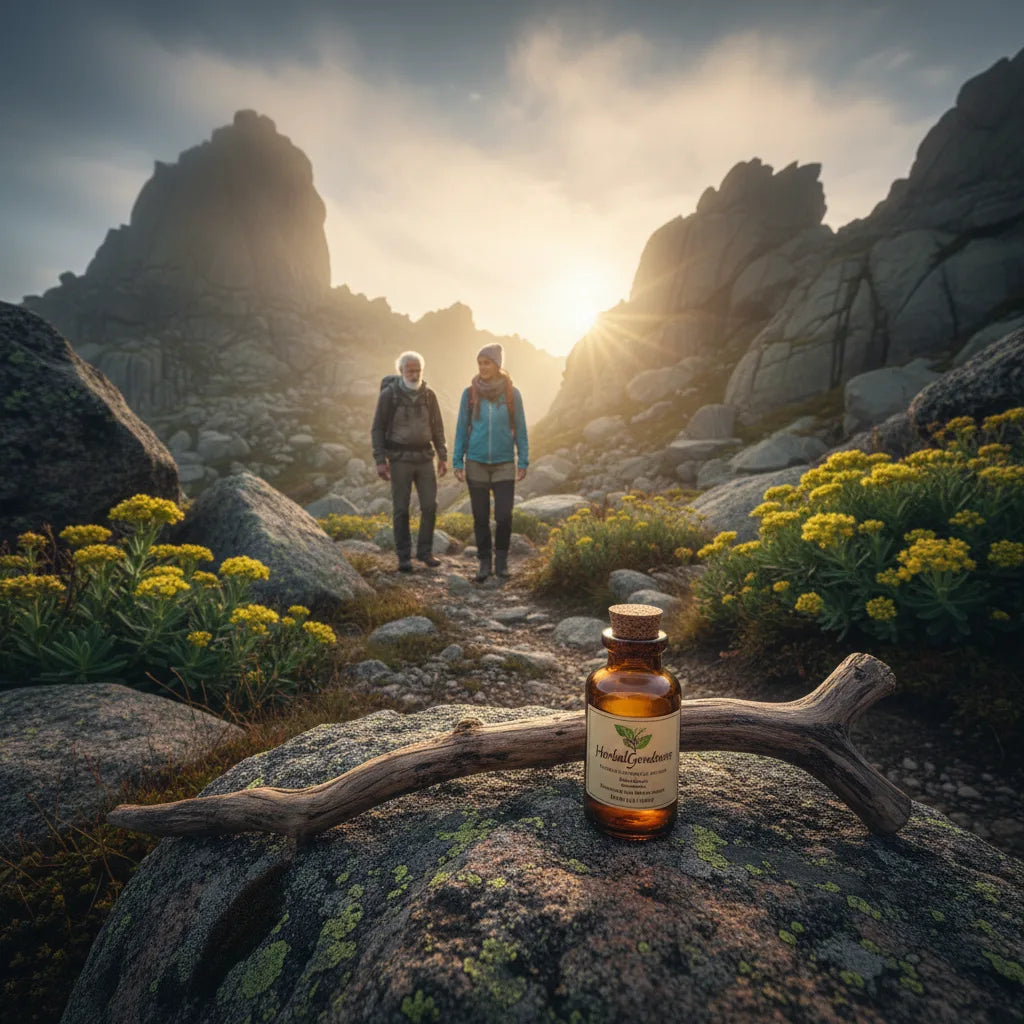 Hikers and rhodiola on misty mountain slope