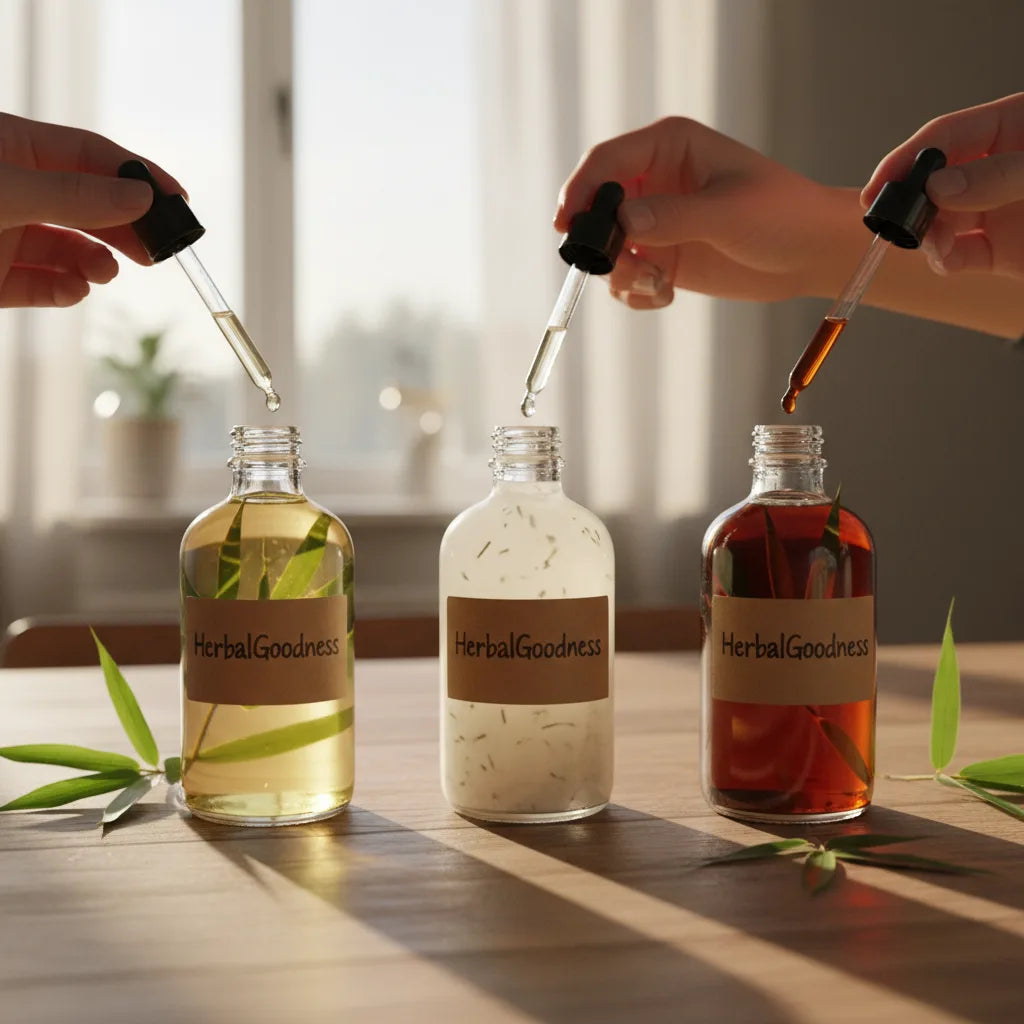 Three bamboo tinctures with sunlight on table