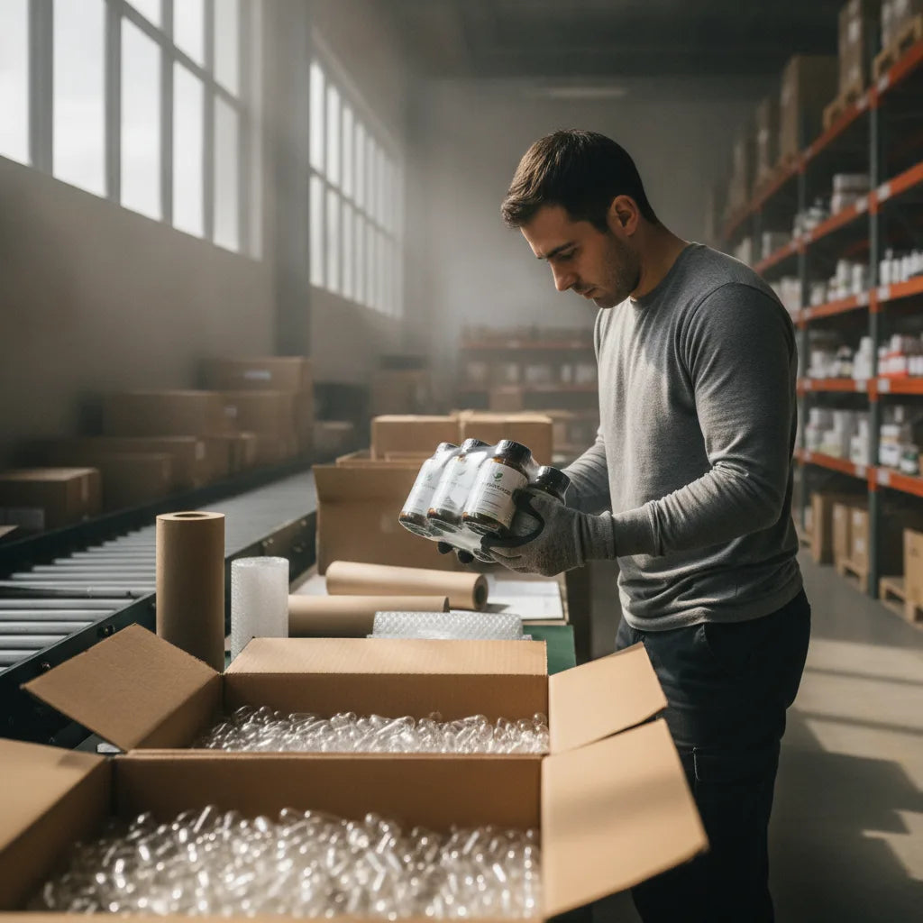 Warehouse worker checks bulk herbal capsules