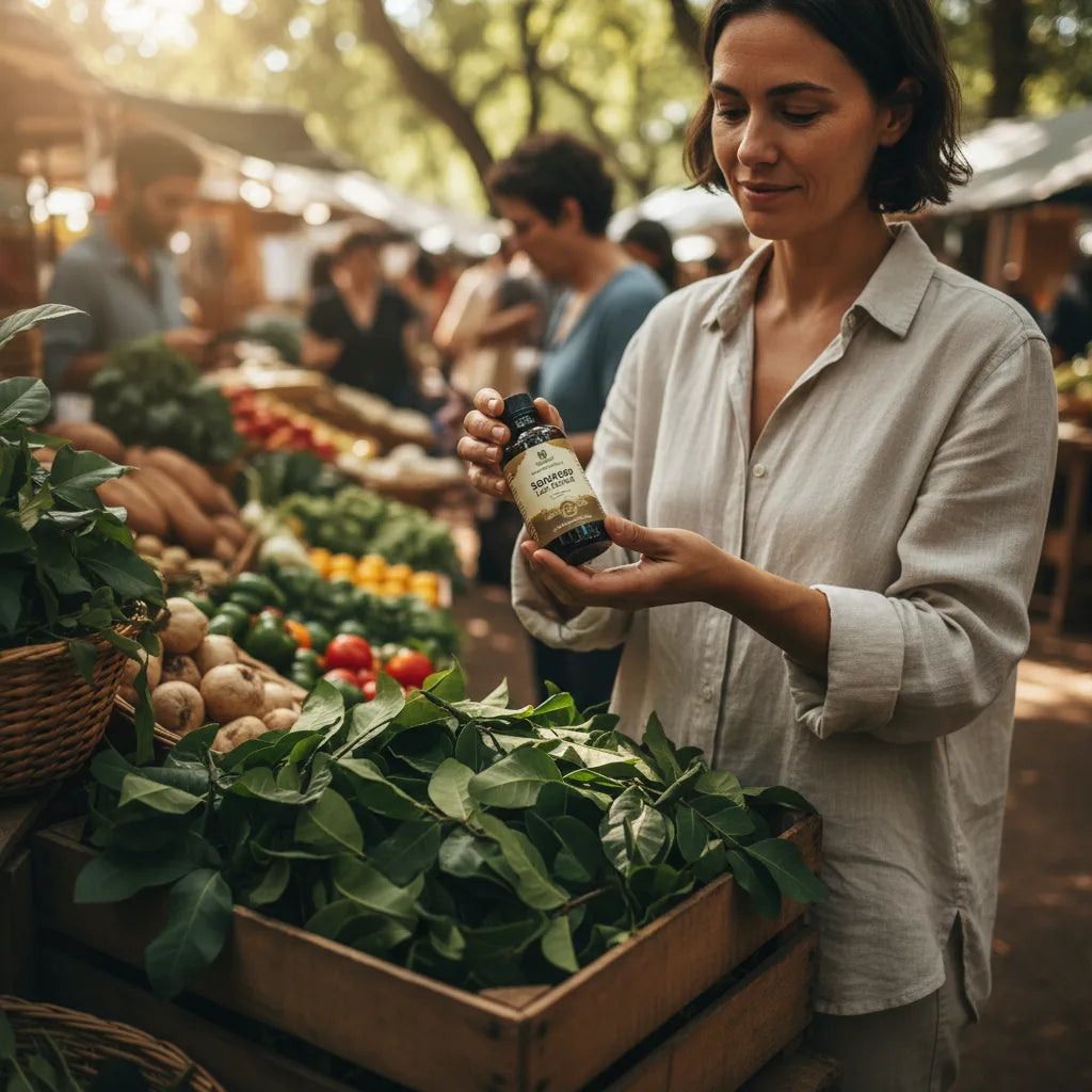 Conscious shopper inspecting soursop extract bottle