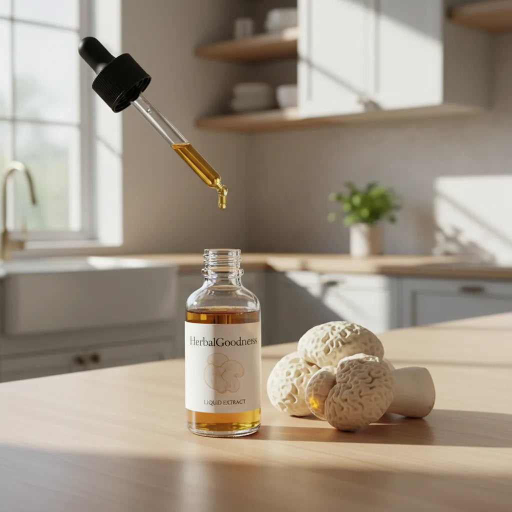 Lion’s mane extract bottle with fresh mushrooms