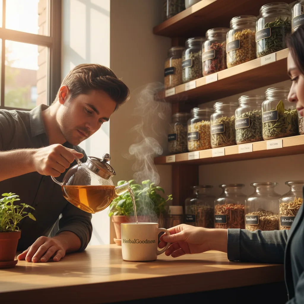 Pouring mullein tea in bright local shop