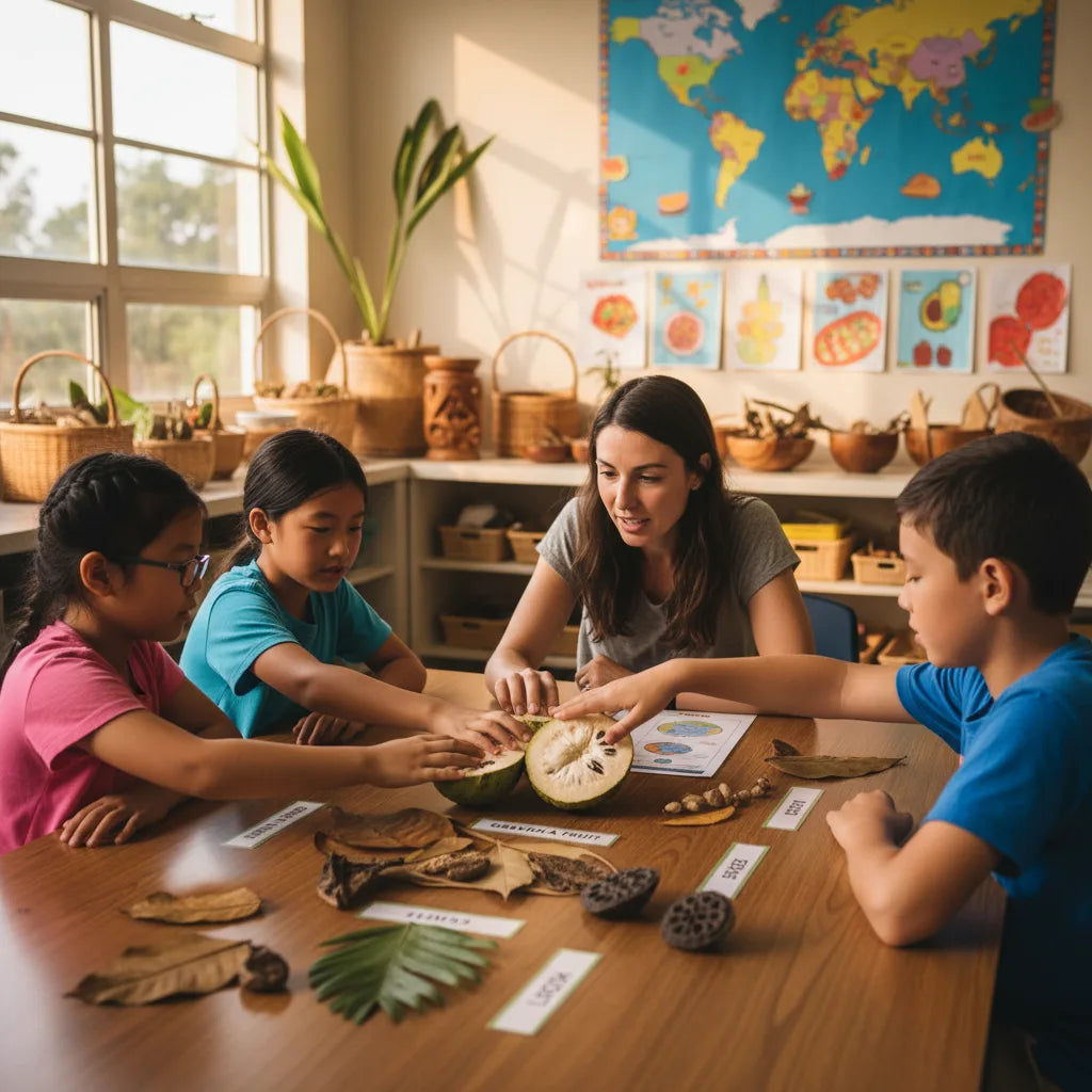 Children exploring sliced graviola in classroom