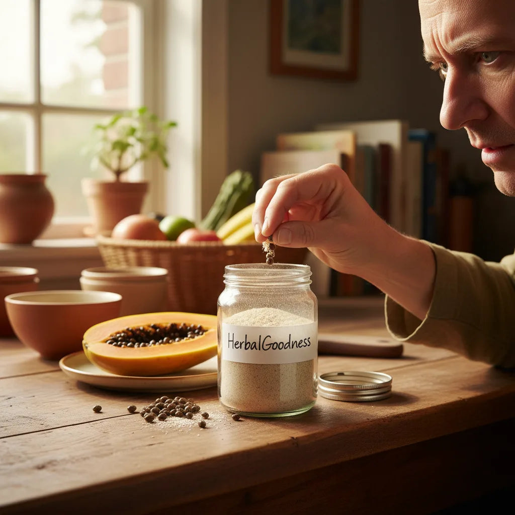 Hand inspecting papaya seed powder naturally