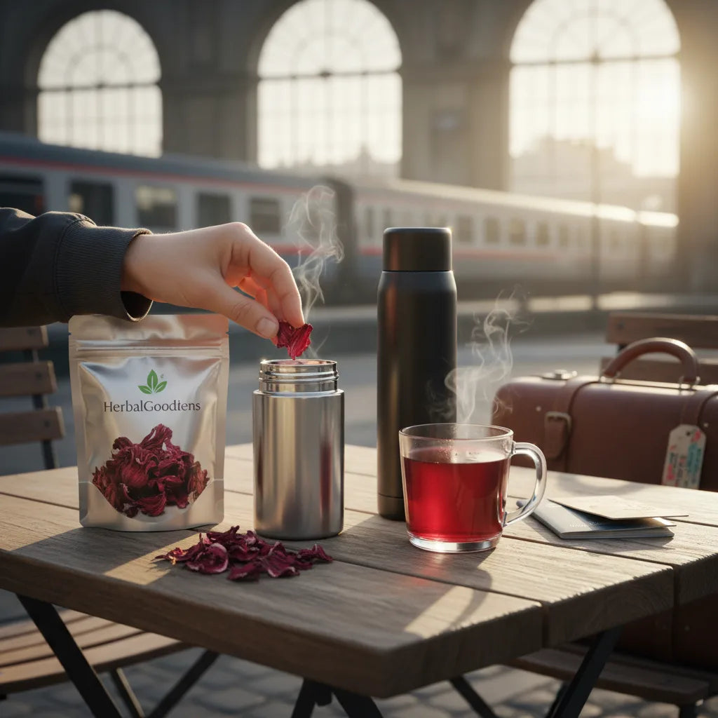Traveler assembling portable hibiscus tea kit outdoors