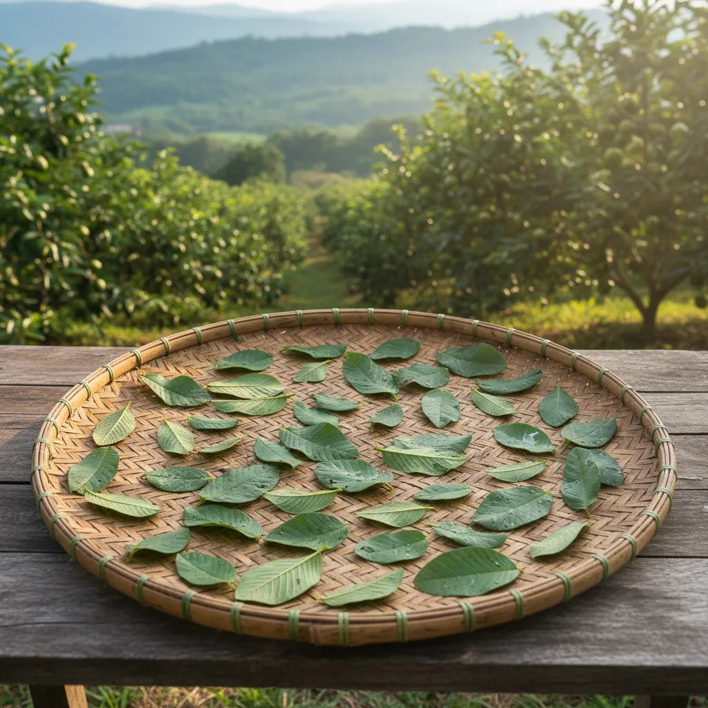 Fresh guava leaves drying on rack