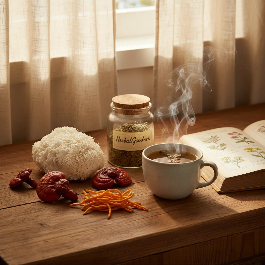 Assorted functional mushrooms beside herbal tea
