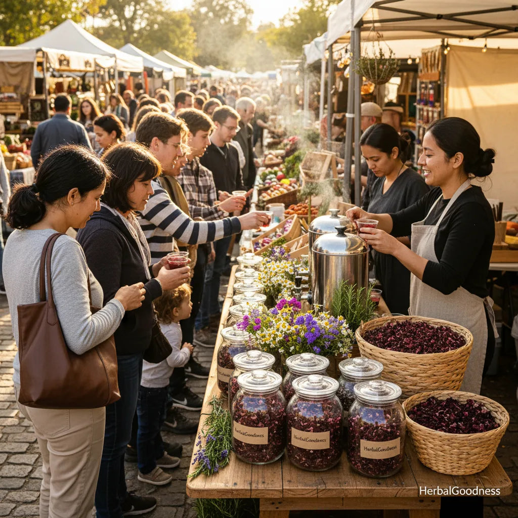 Shoppers browse hibiscus tea at local market