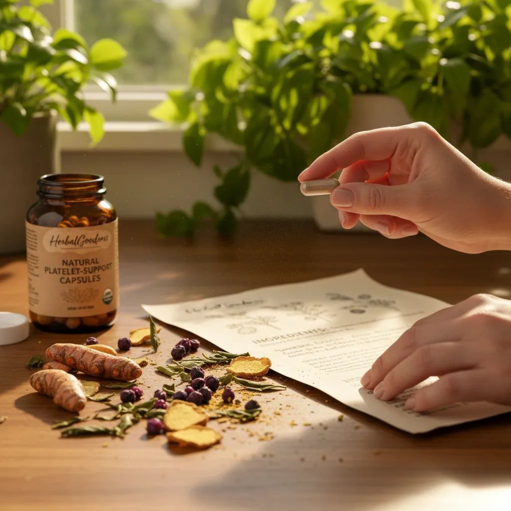 Hands examining capsule among fresh ingredients