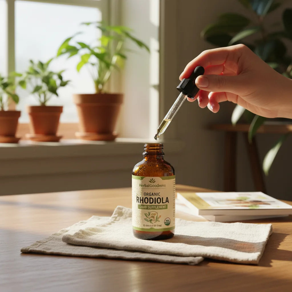 Organic rhodiola dropper bottle in sunlit kitchen