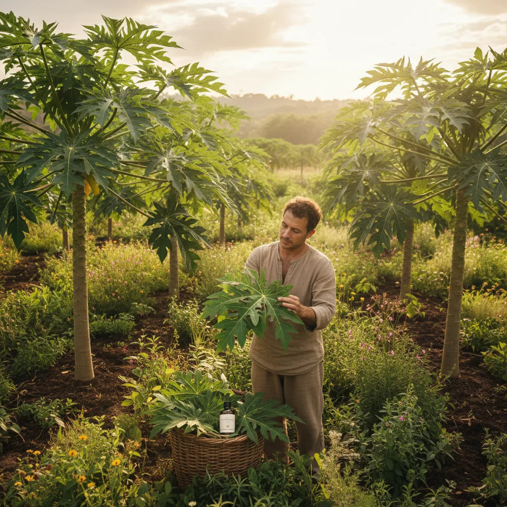 Farmer tending papaya leaves on regenerative farm