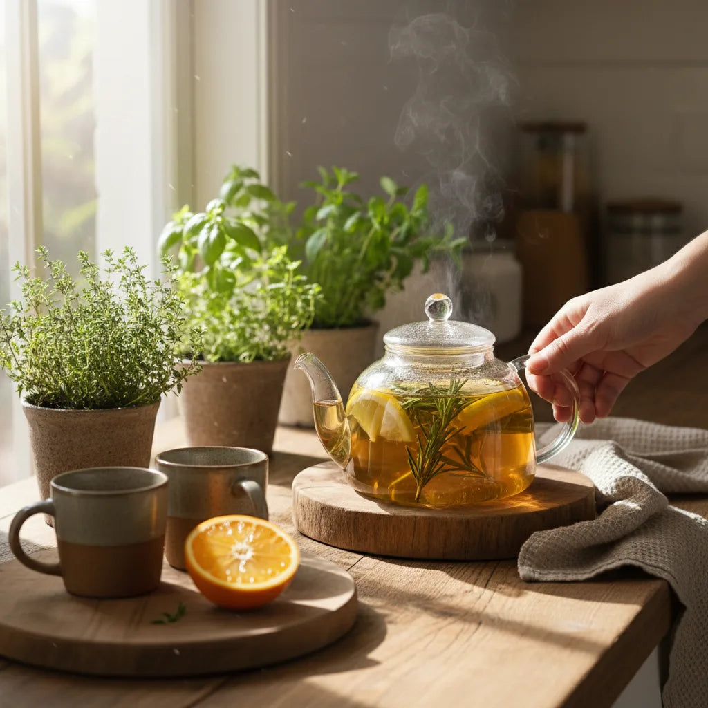 Kitchen herbs and olive leaf tea steeping
