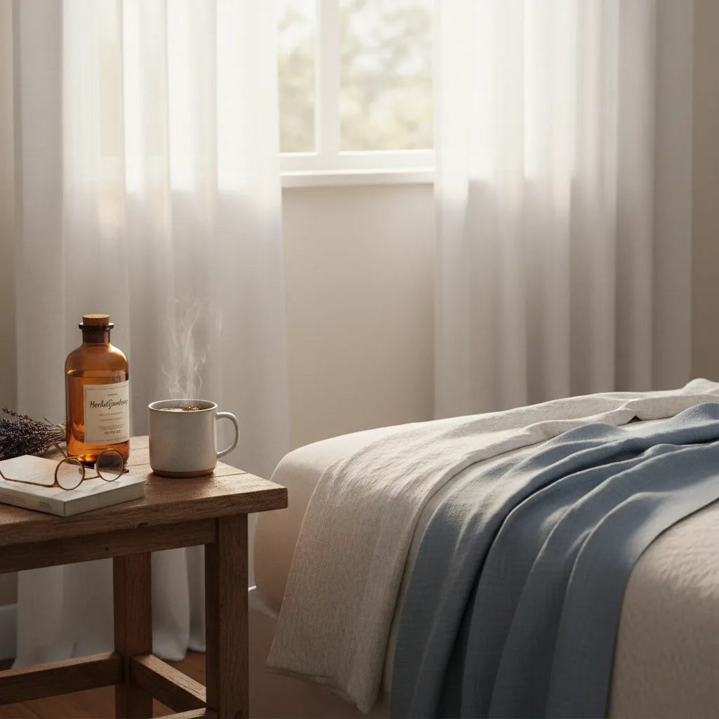 Herbal tablets and tea on nightstand