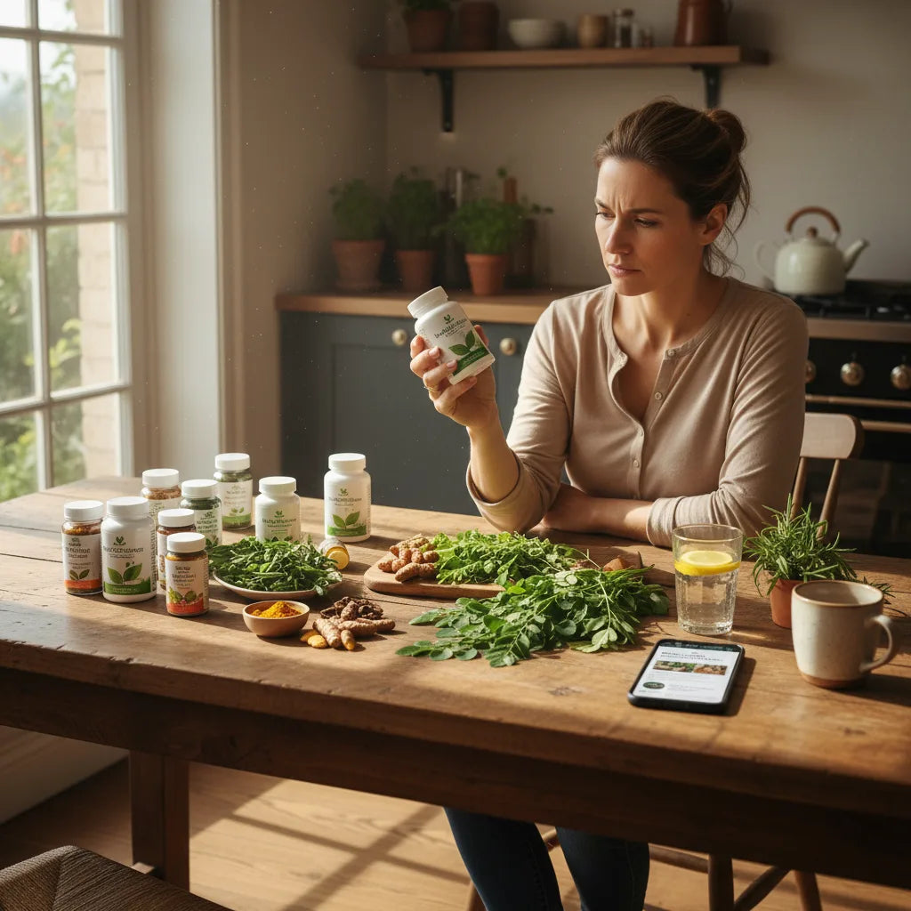 Person studies multi-herb supplement label naturally