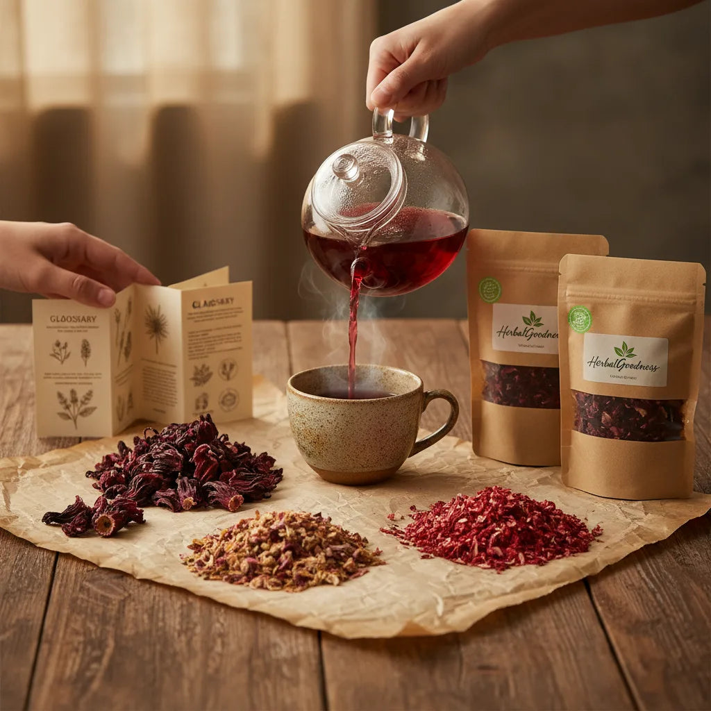 Assorted hibiscus teas and glossary on table