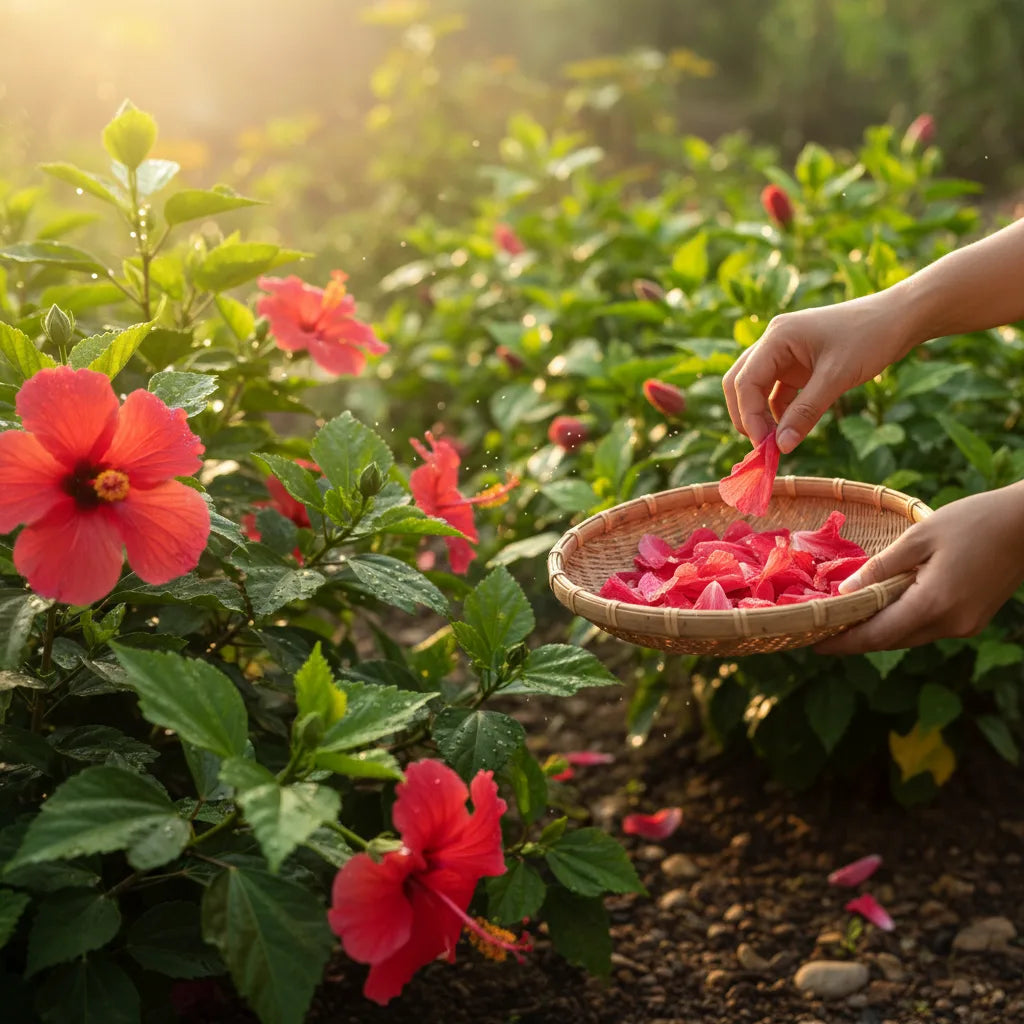 Fresh hibiscus flowers harvested in garden