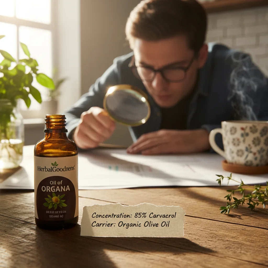 Reading oregano label beside warm tea