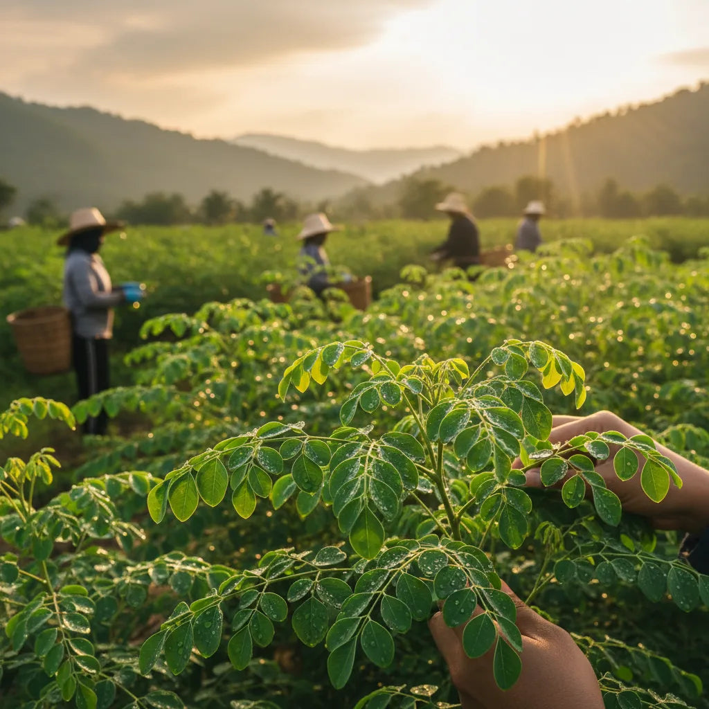 Harvesters picking moringa leaves at sunrise