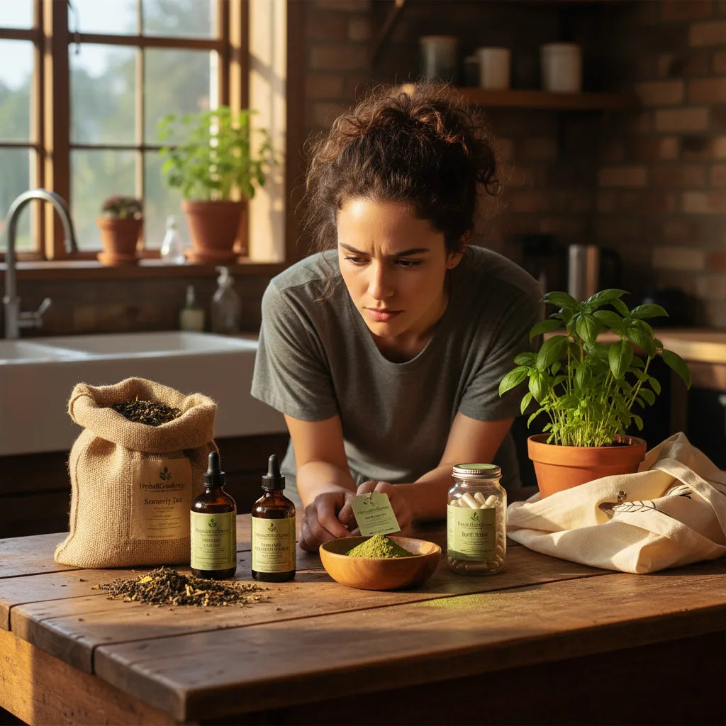 Person choosing among four herbal detox kits