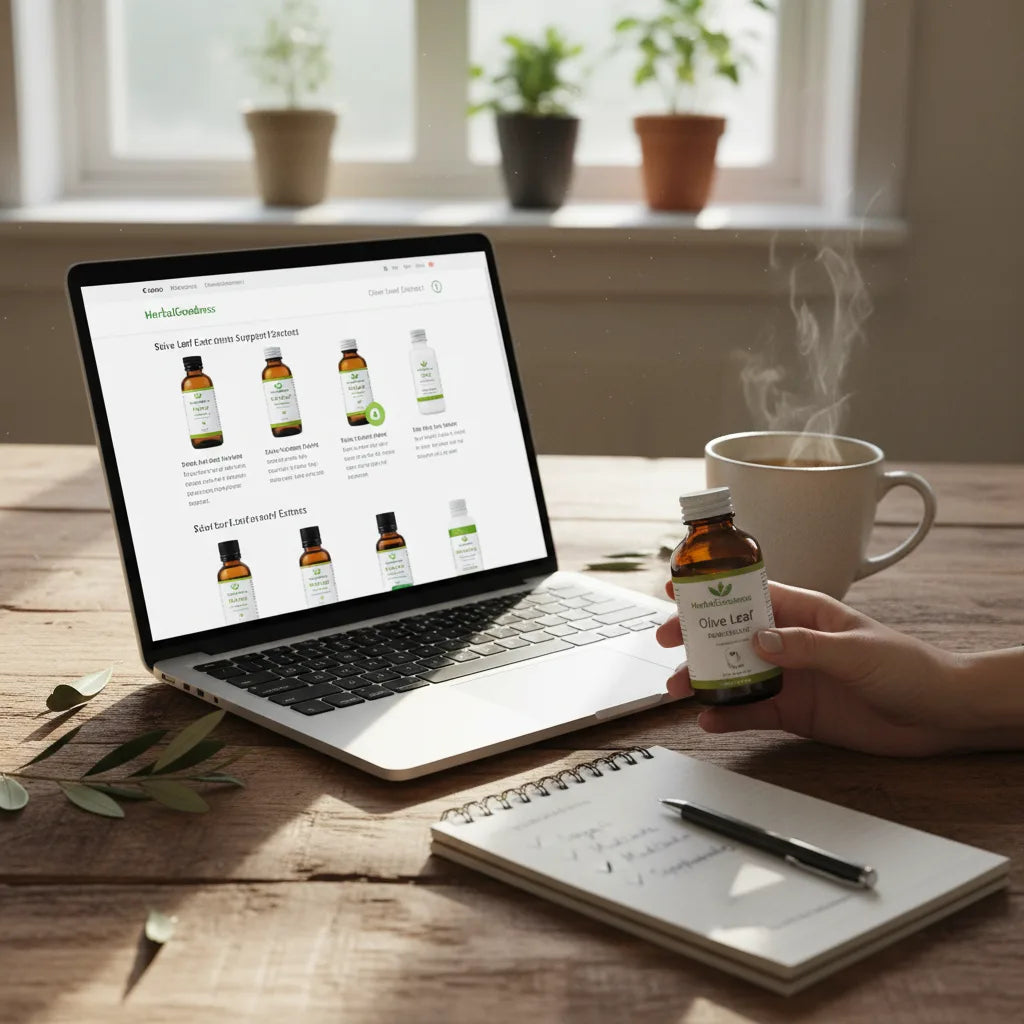 Browsing olive extract products on laptop