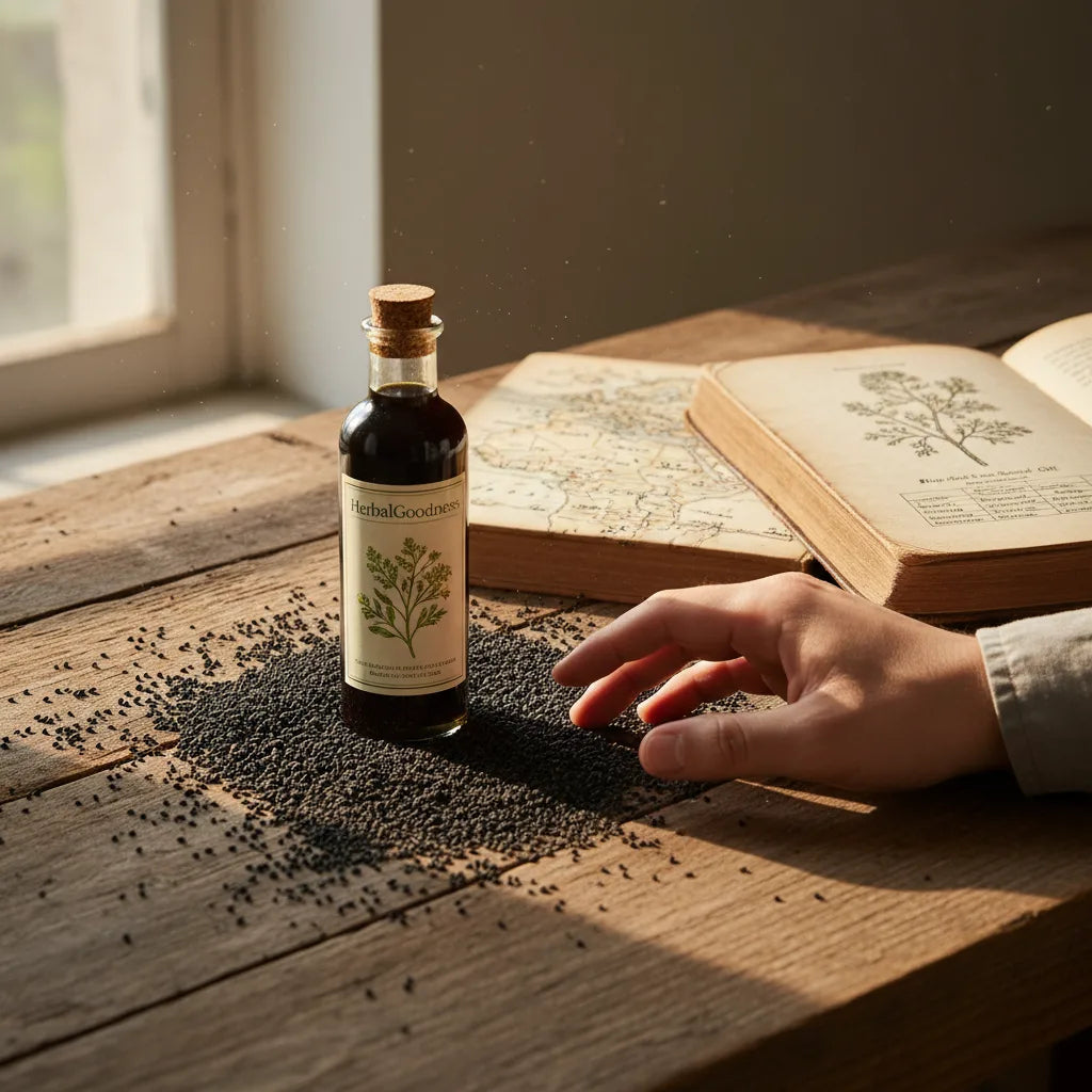 Hand reaching for black cumin oil bottle